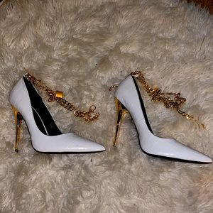White crocodile pointed toe vegan leather stilettos